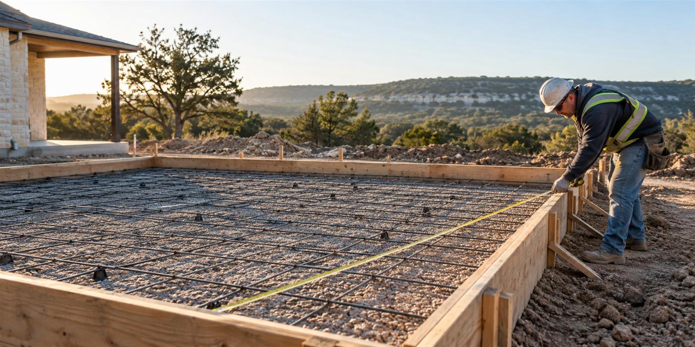 Contractor measuring a prepared concrete slab form in Central Texas